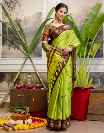 Parrot Green Silk Woven Kanjivaram Saree