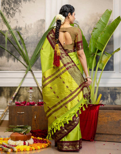 Parrot Green Silk Woven Kanjivaram Saree