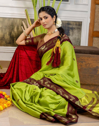 Parrot Green Silk Woven Kanjivaram Saree