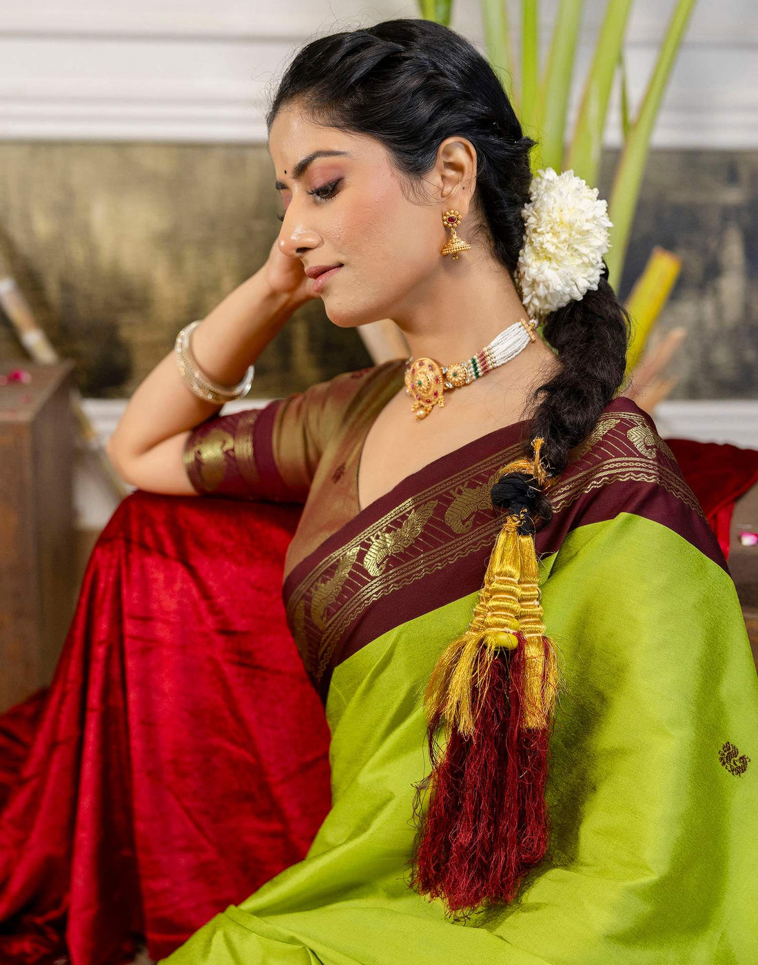 Parrot Green Silk Woven Kanjivaram Saree