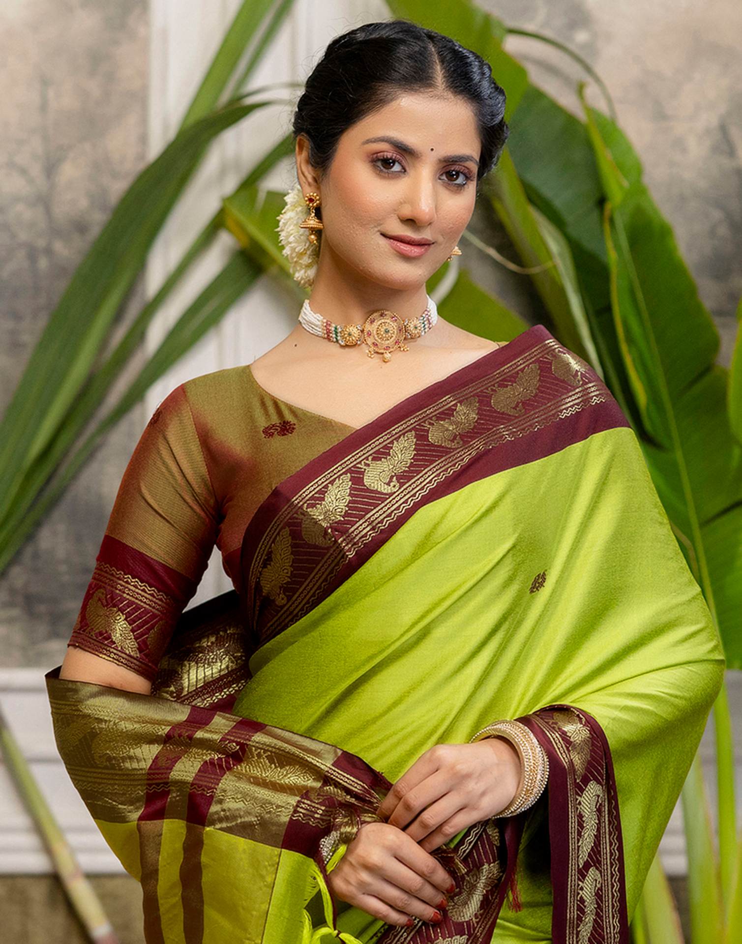 Parrot Green Silk Woven Kanjivaram Saree
