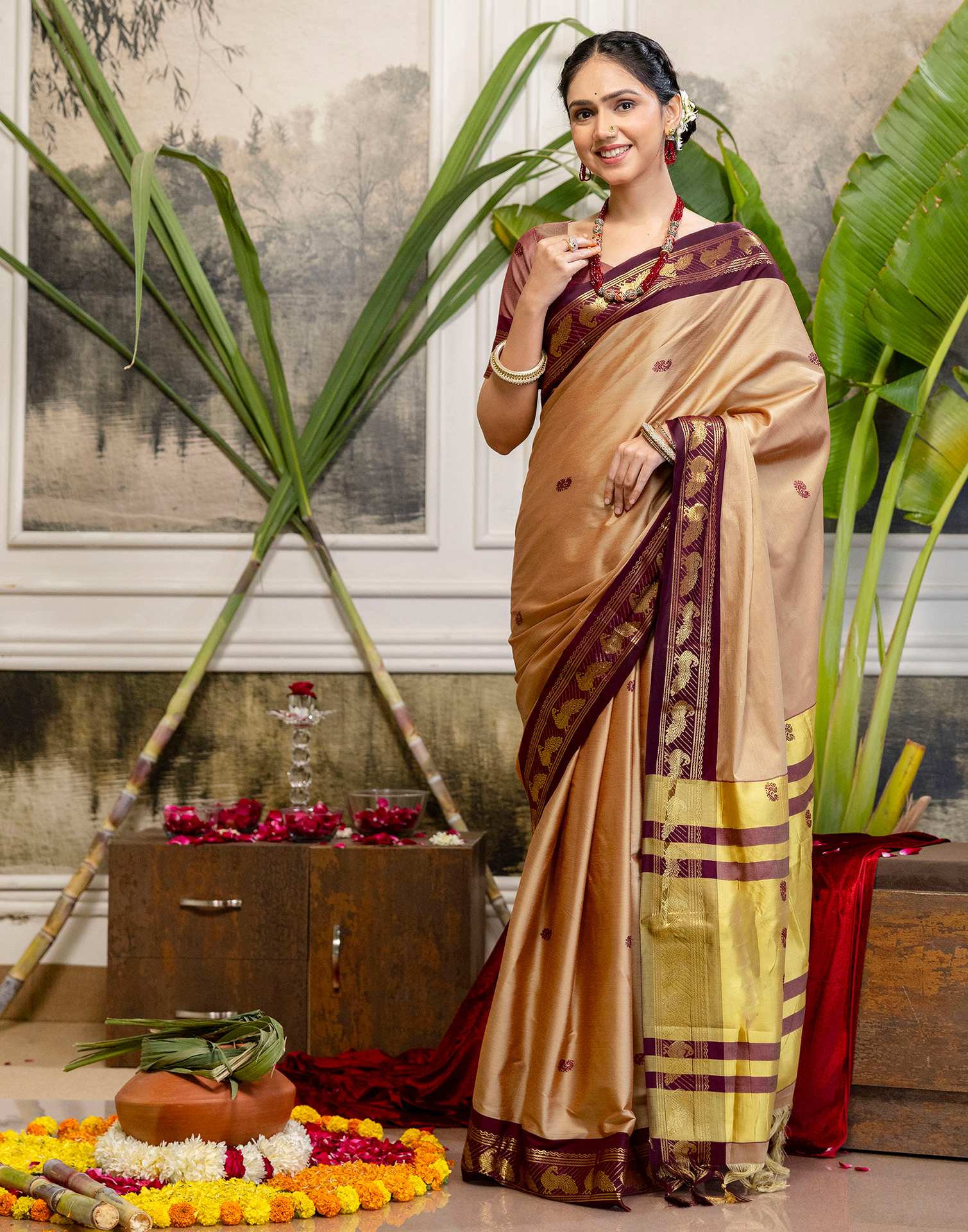 Light Brown Silk Woven Kanjivaram Saree