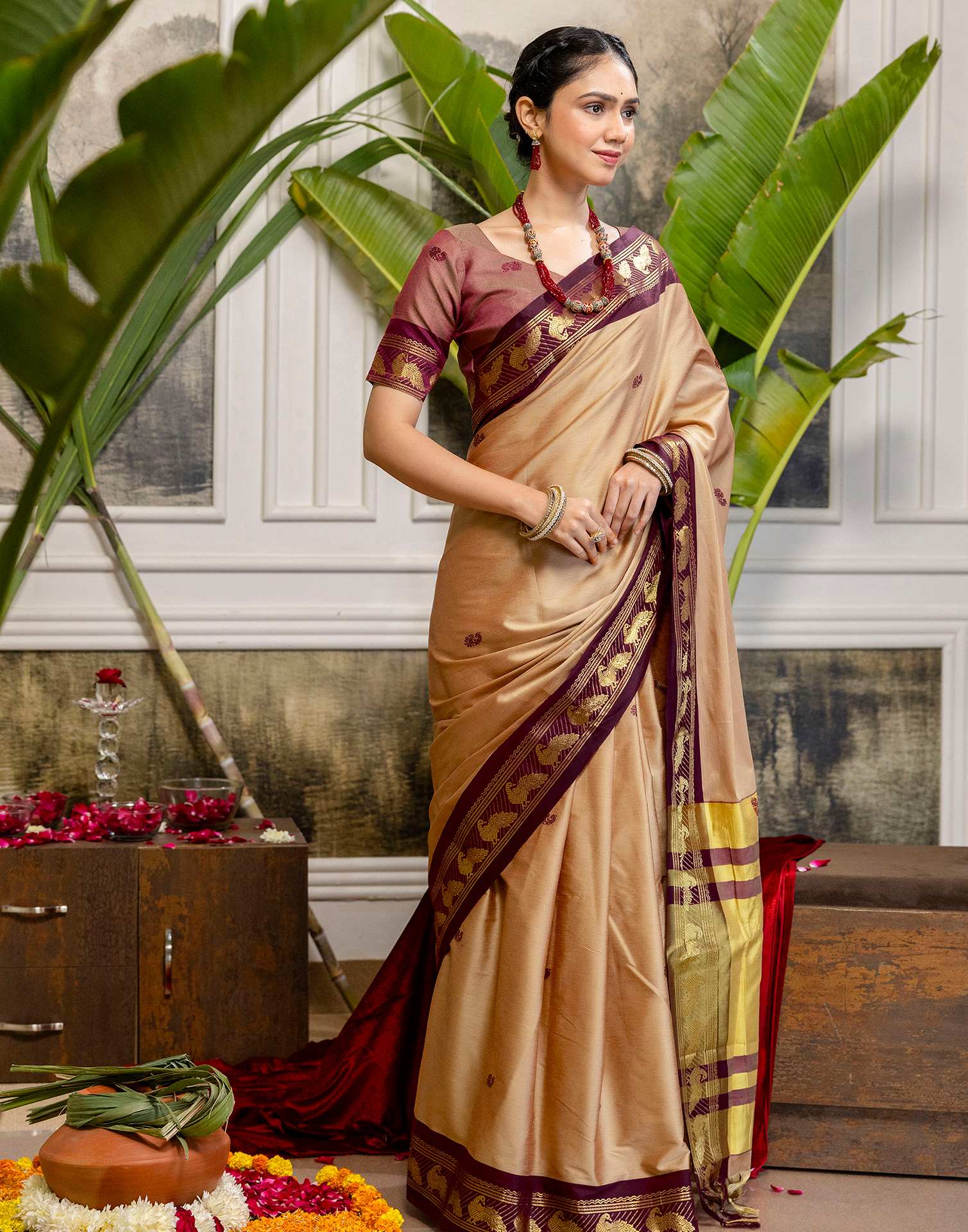 Light Brown Silk Woven Kanjivaram Saree