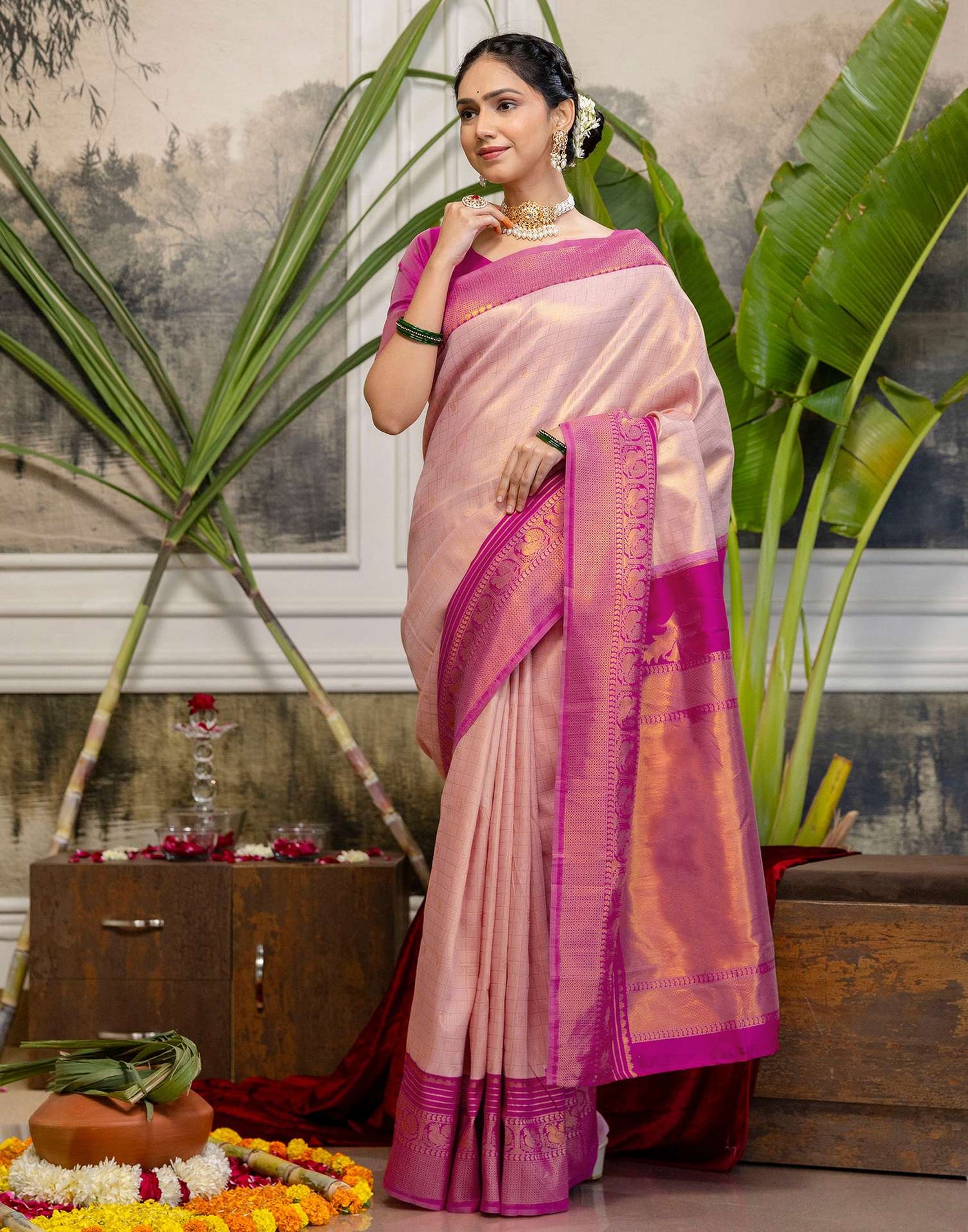 Beige Silk Woven Kanjivaram Saree