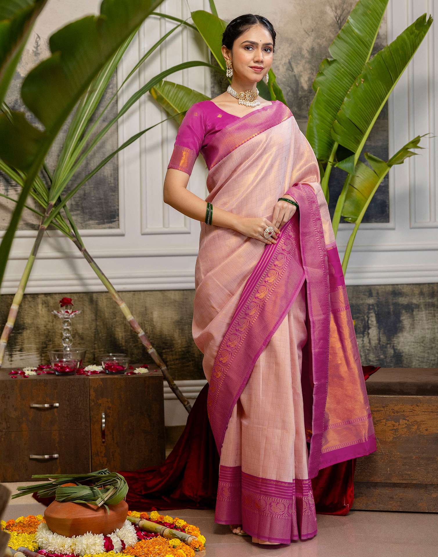 Beige Silk Woven Kanjivaram Saree