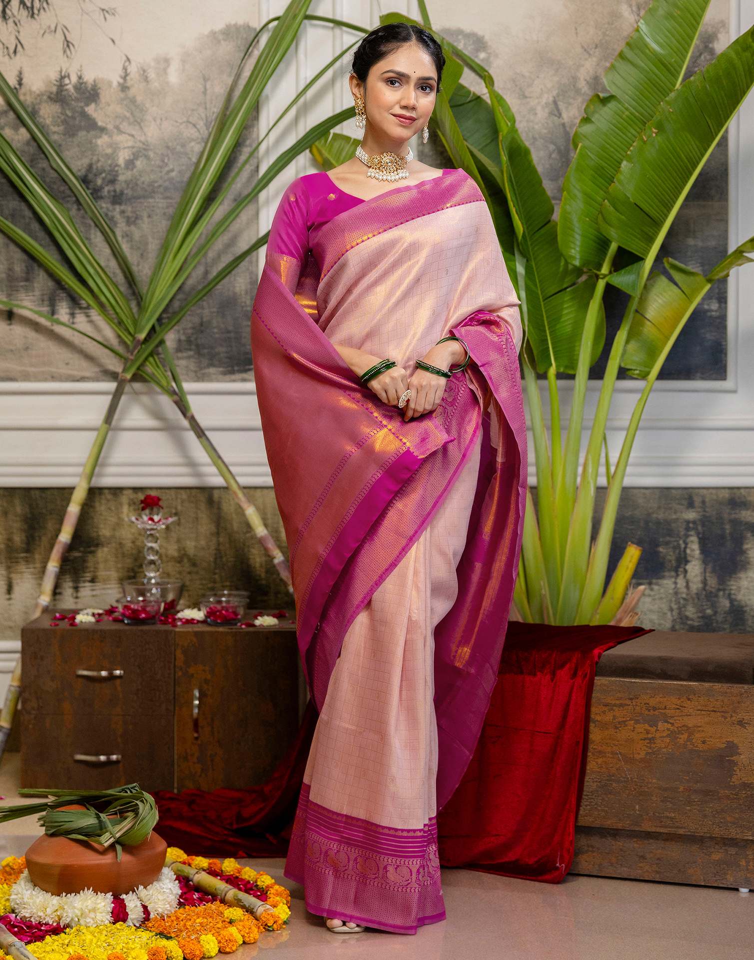 Beige Silk Woven Kanjivaram Saree