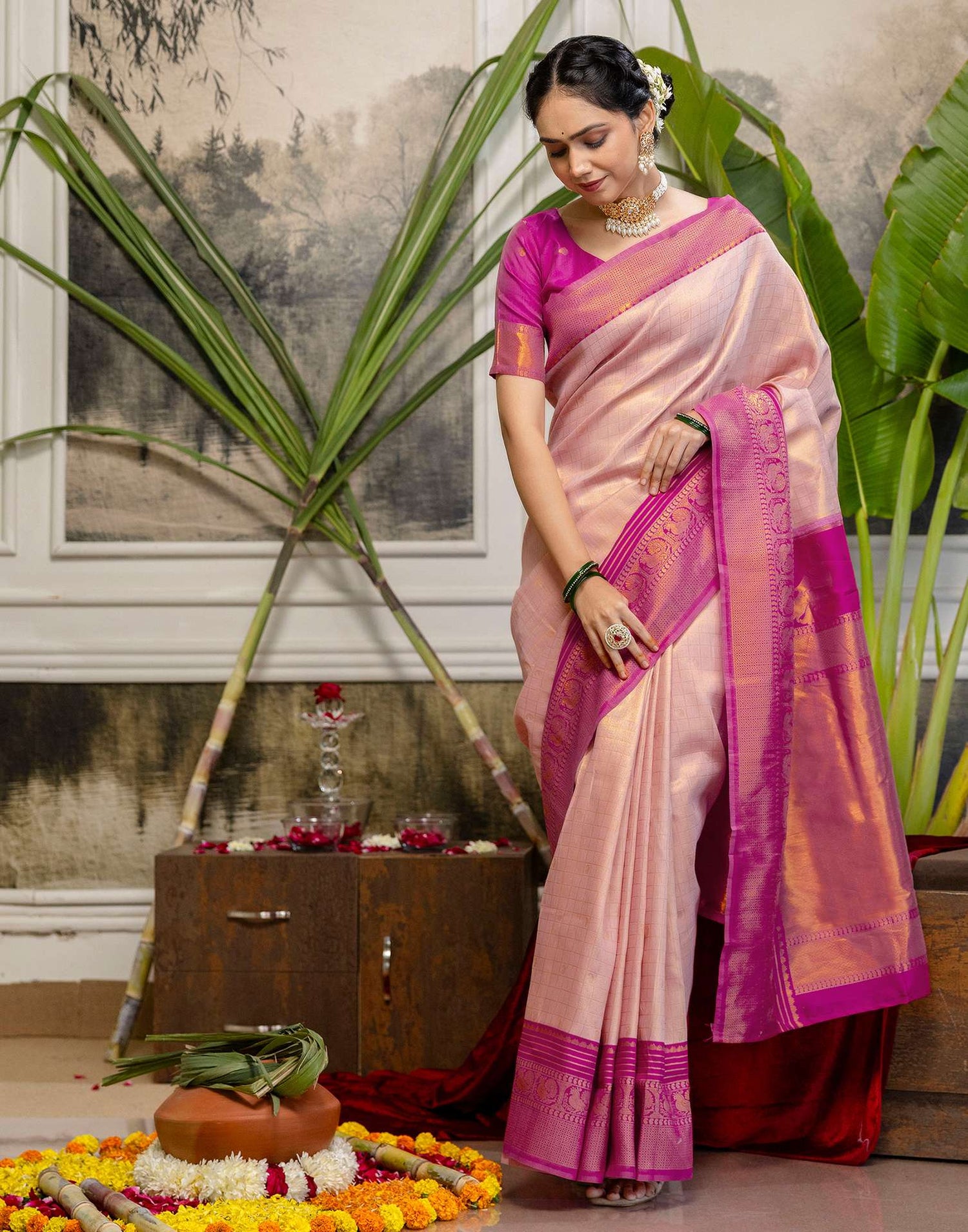 Beige Silk Woven Kanjivaram Saree