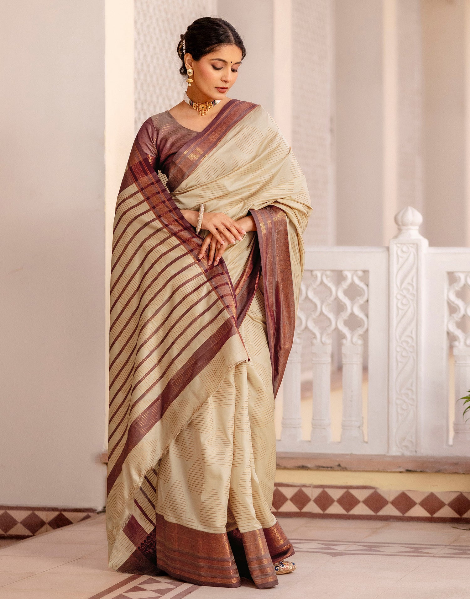 Beige Silk Woven Kanjivaram Saree