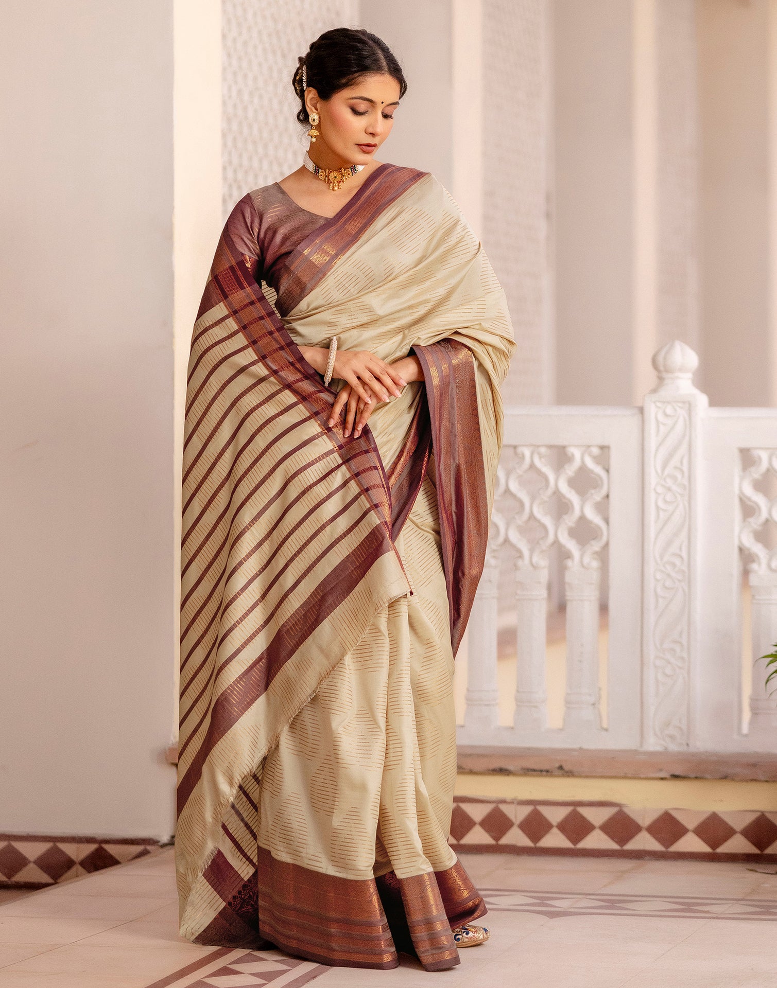 Beige Silk Woven Kanjivaram Saree