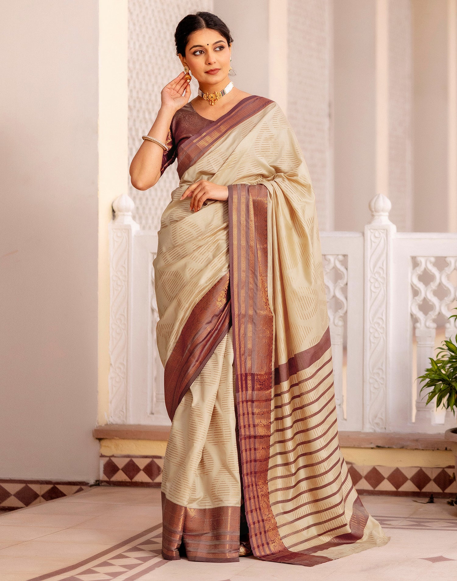 Beige Silk Woven Kanjivaram Saree