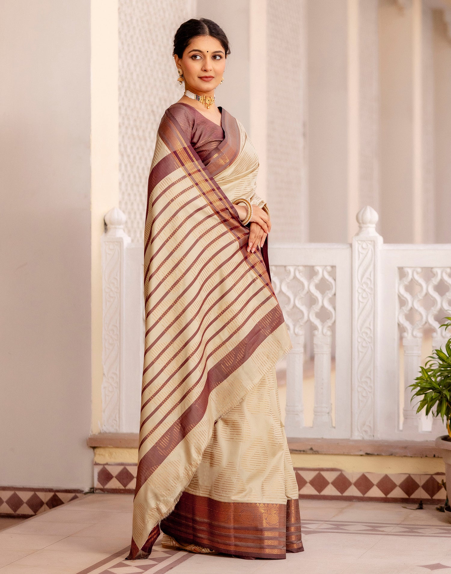 Beige Silk Woven Kanjivaram Saree