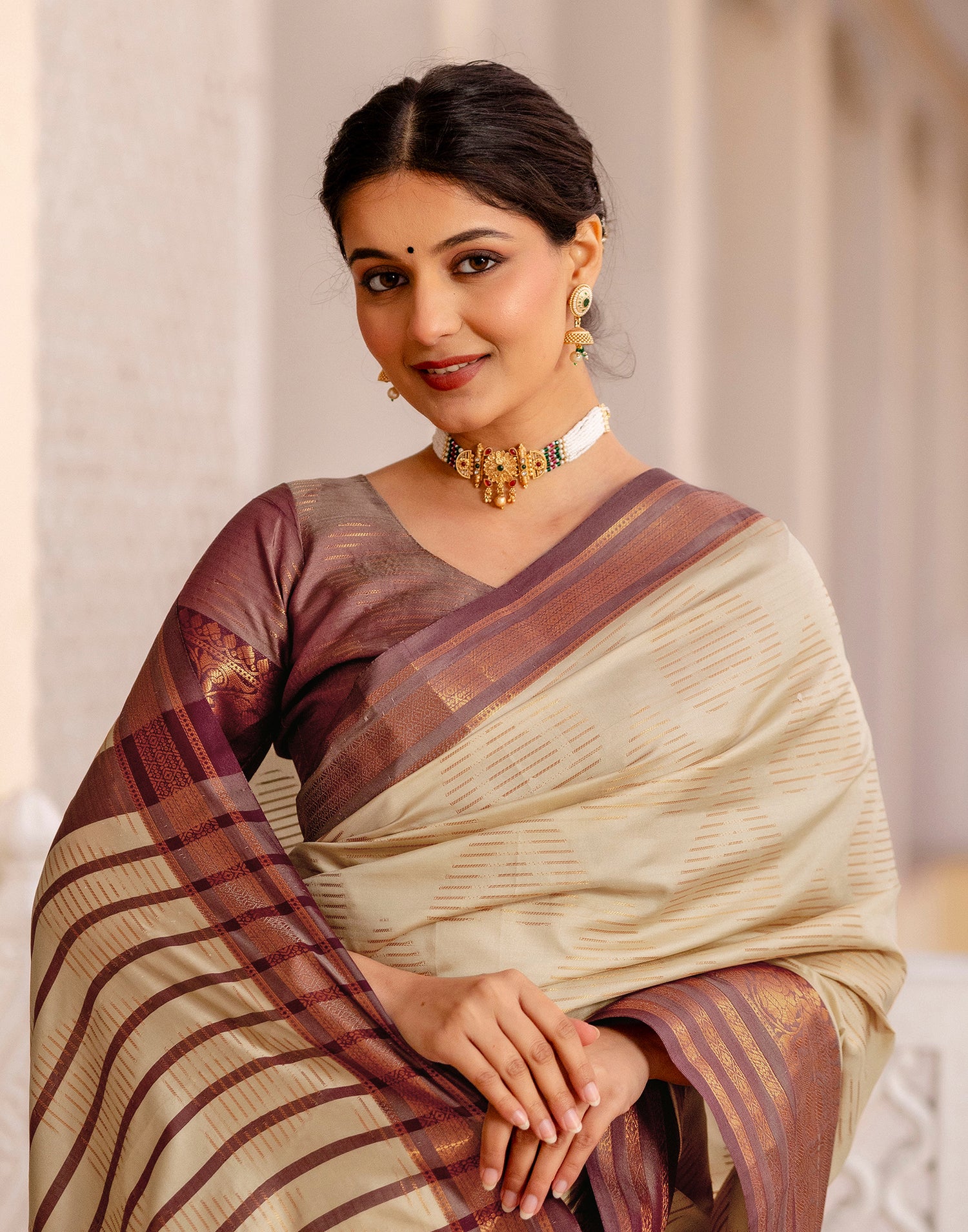 Beige Silk Woven Kanjivaram Saree