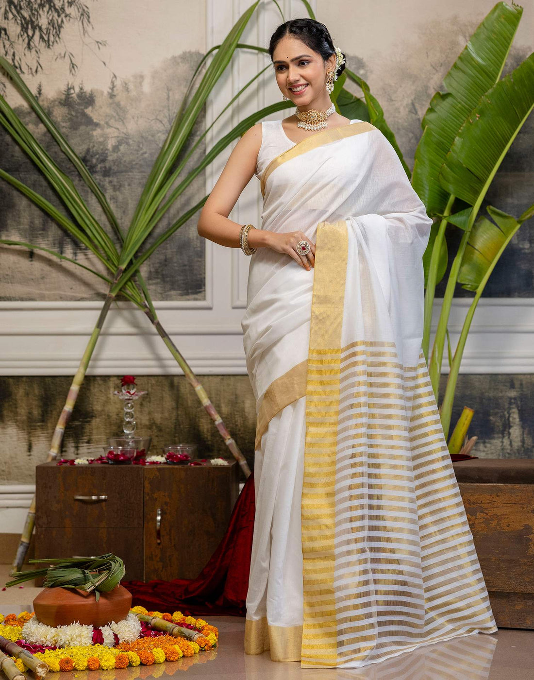 White Cotton Zari Stripe Kanjivaram Saree