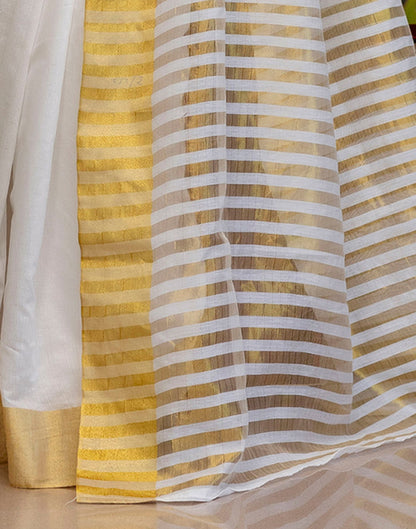 White Cotton Zari Stripe Kanjivaram Saree