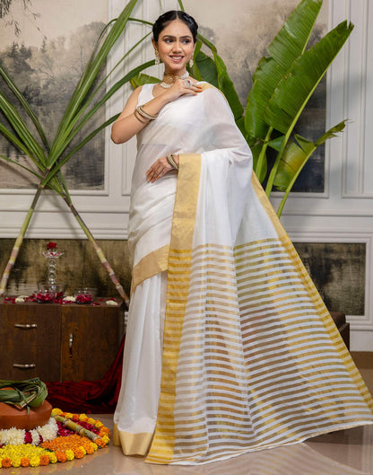 White Cotton Zari Stripe Kanjivaram Saree