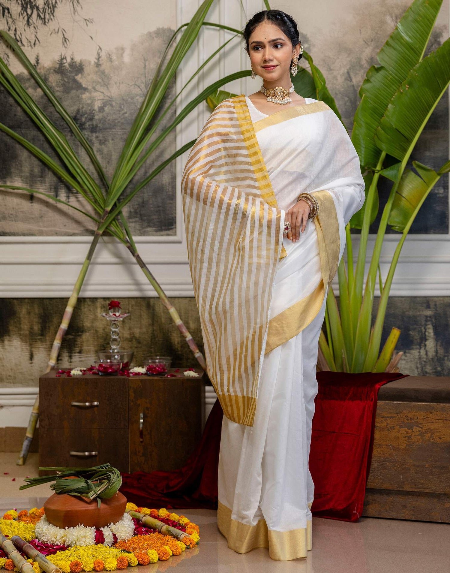 White Cotton Zari Stripe Kanjivaram Saree