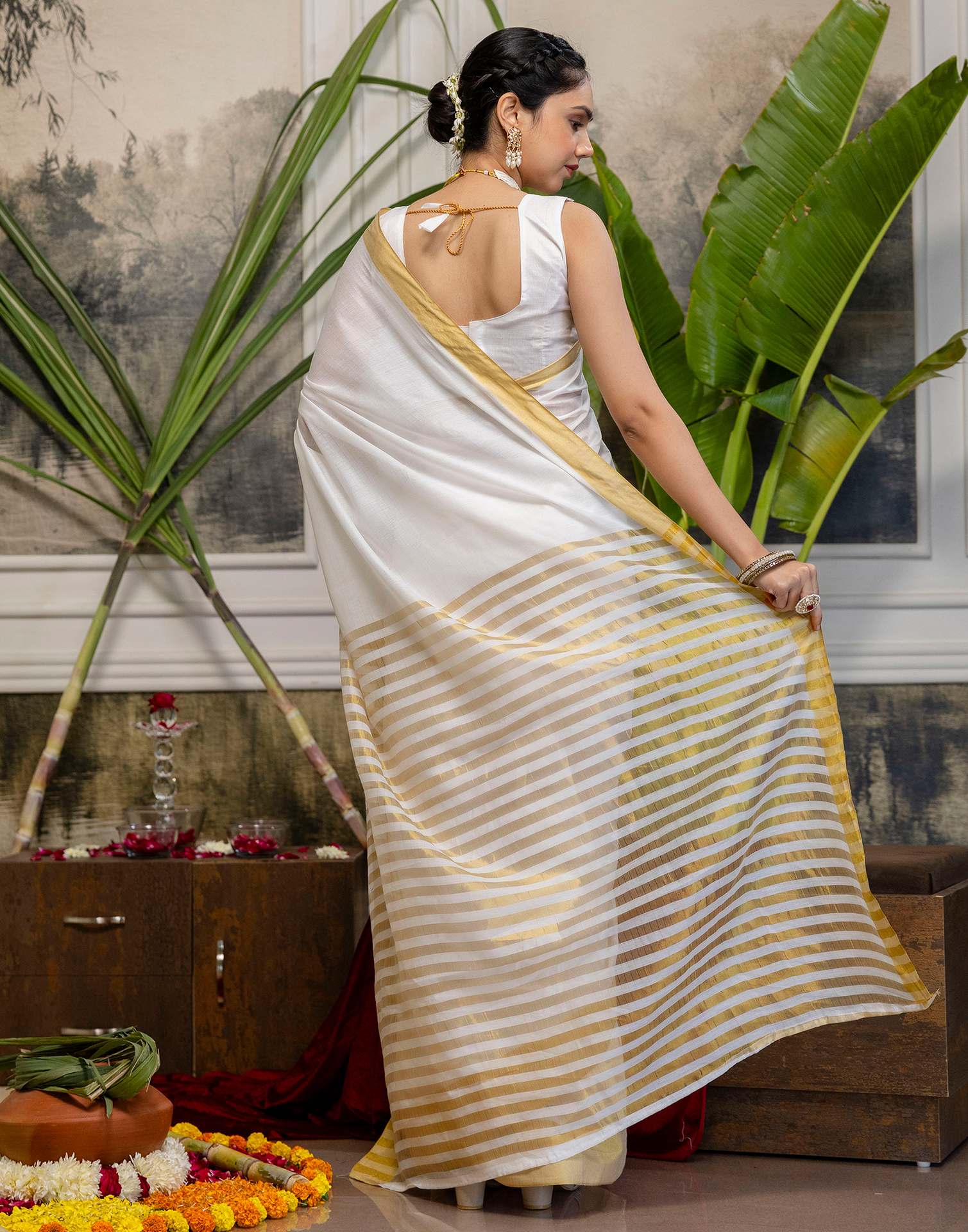 White Cotton Zari Stripe Kanjivaram Saree