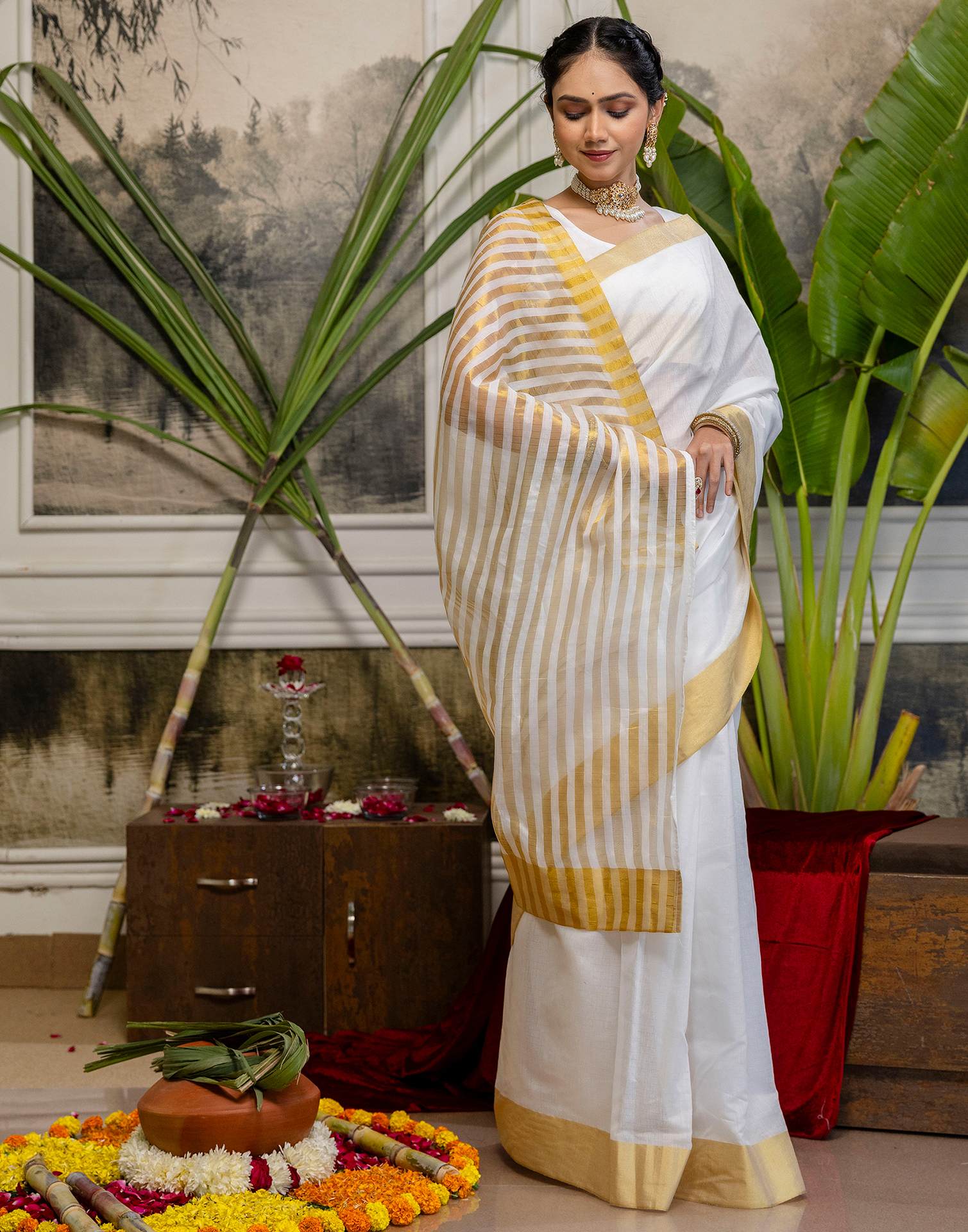 White Cotton Zari Stripe Kanjivaram Saree