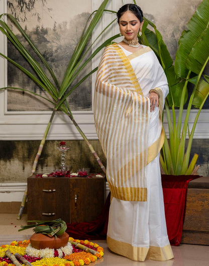White Cotton Zari Stripe Kanjivaram Saree