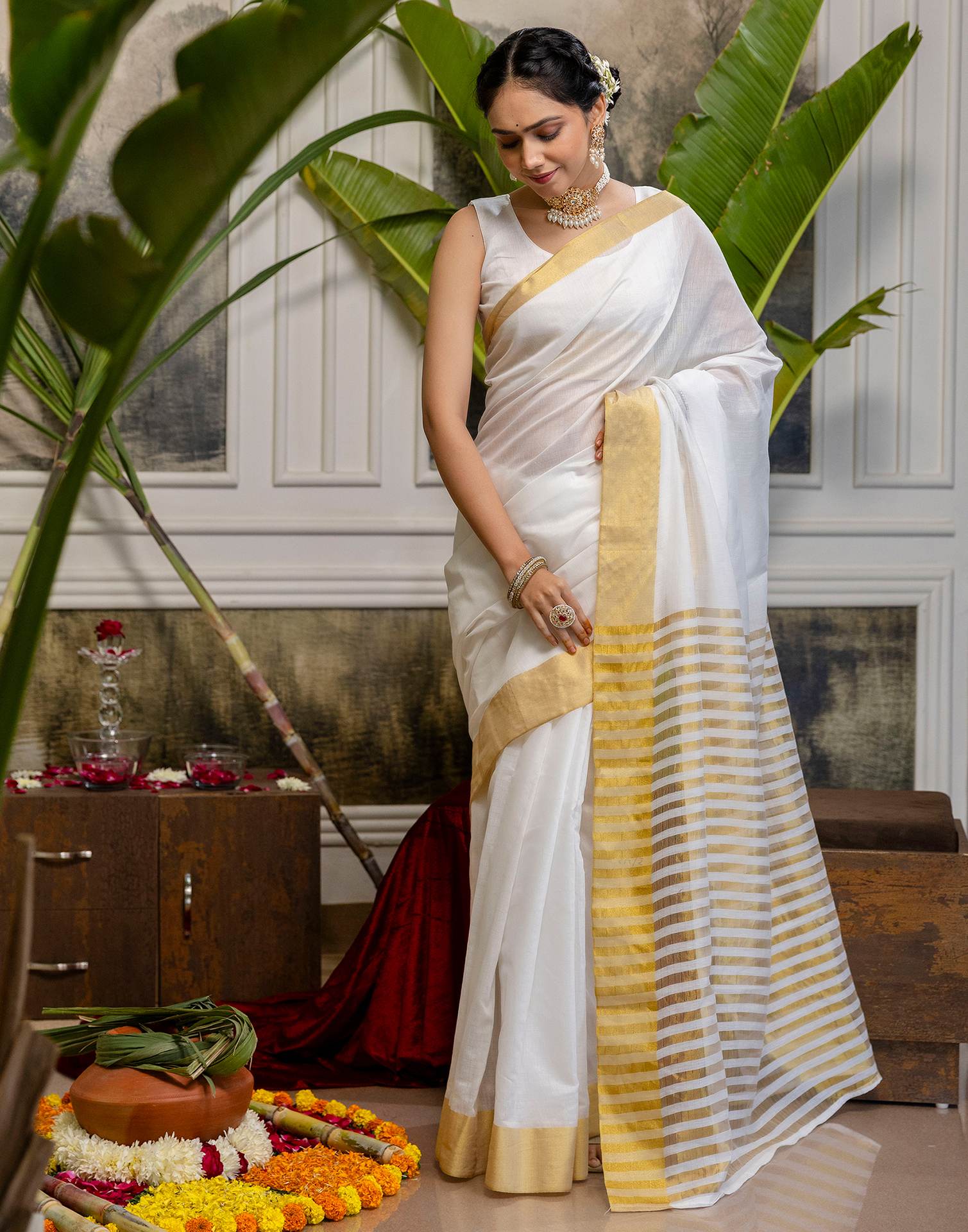 White Cotton Zari Stripe Kanjivaram Saree