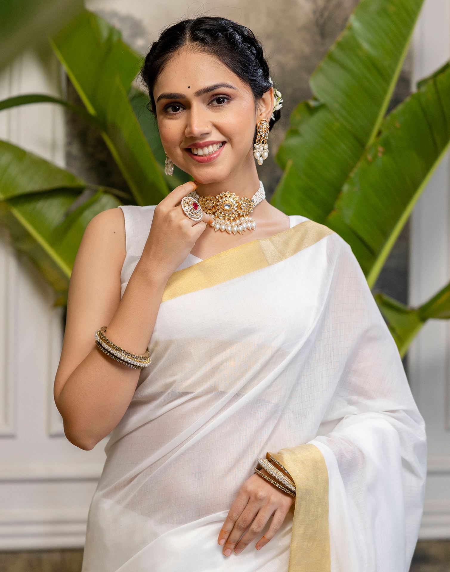 White Cotton Zari Stripe Kanjivaram Saree