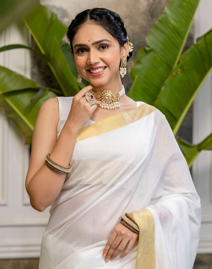 White Cotton Zari Stripe Kanjivaram Saree