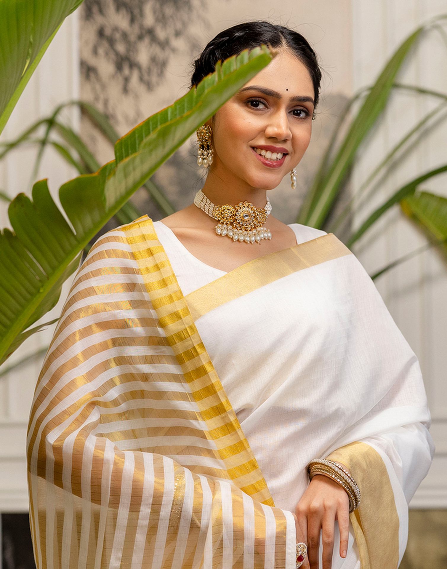 White Cotton Zari Stripe Kanjivaram Saree