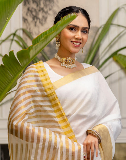 White Cotton Zari Stripe Kanjivaram Saree