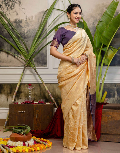 Cream Silk Woven Banarasi Saree