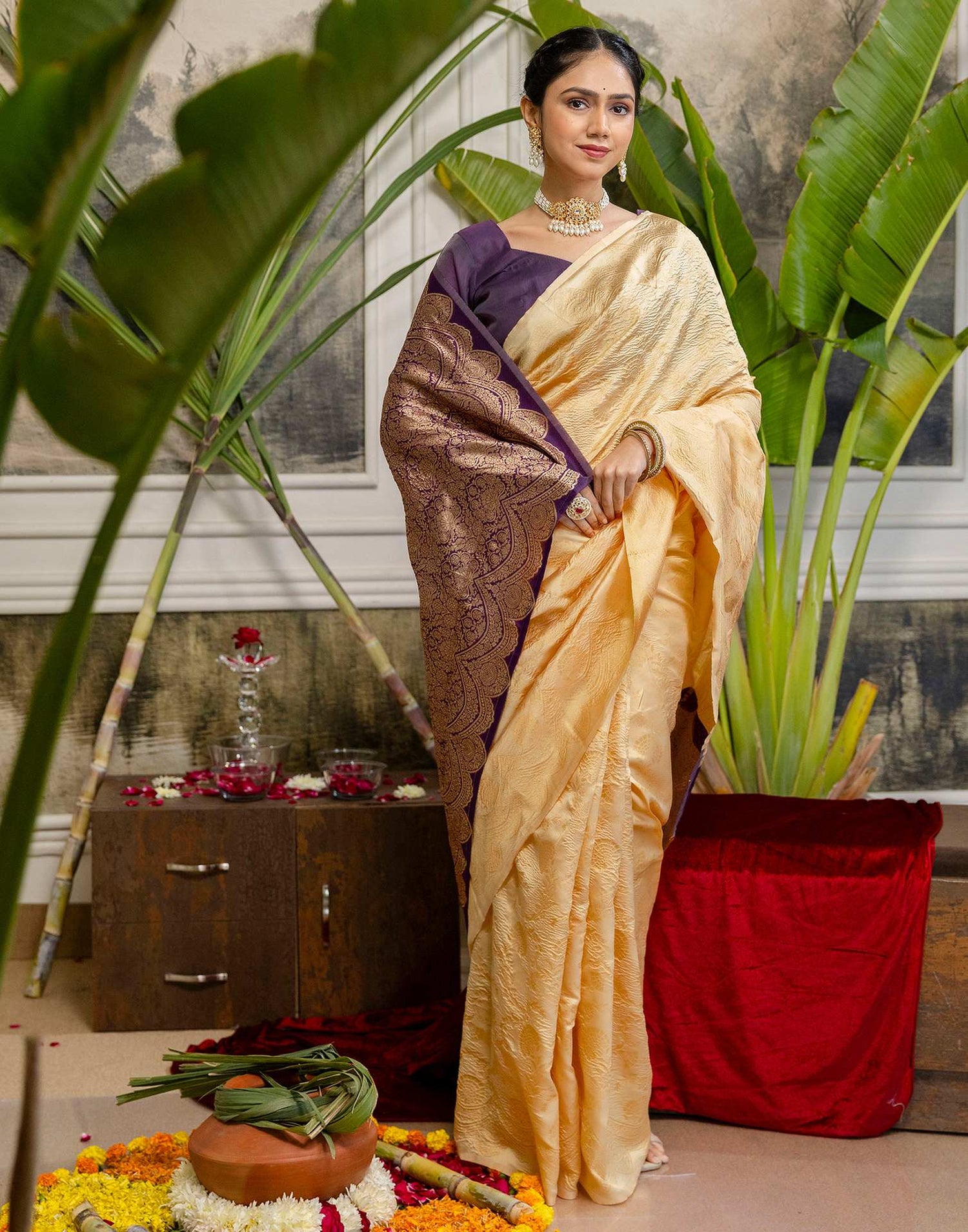 Cream Silk Woven Banarasi Saree