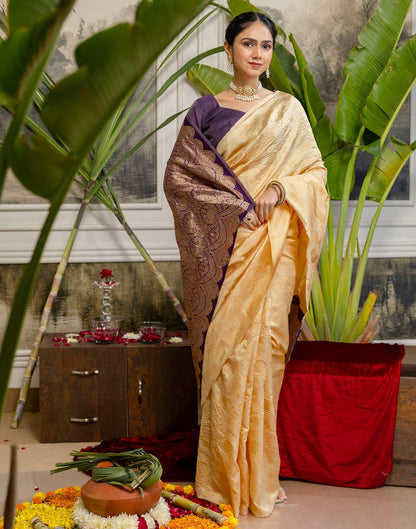 Cream Silk Woven Banarasi Saree