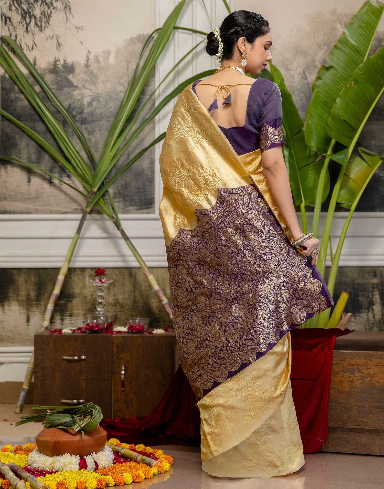 Cream Silk Woven Banarasi Saree