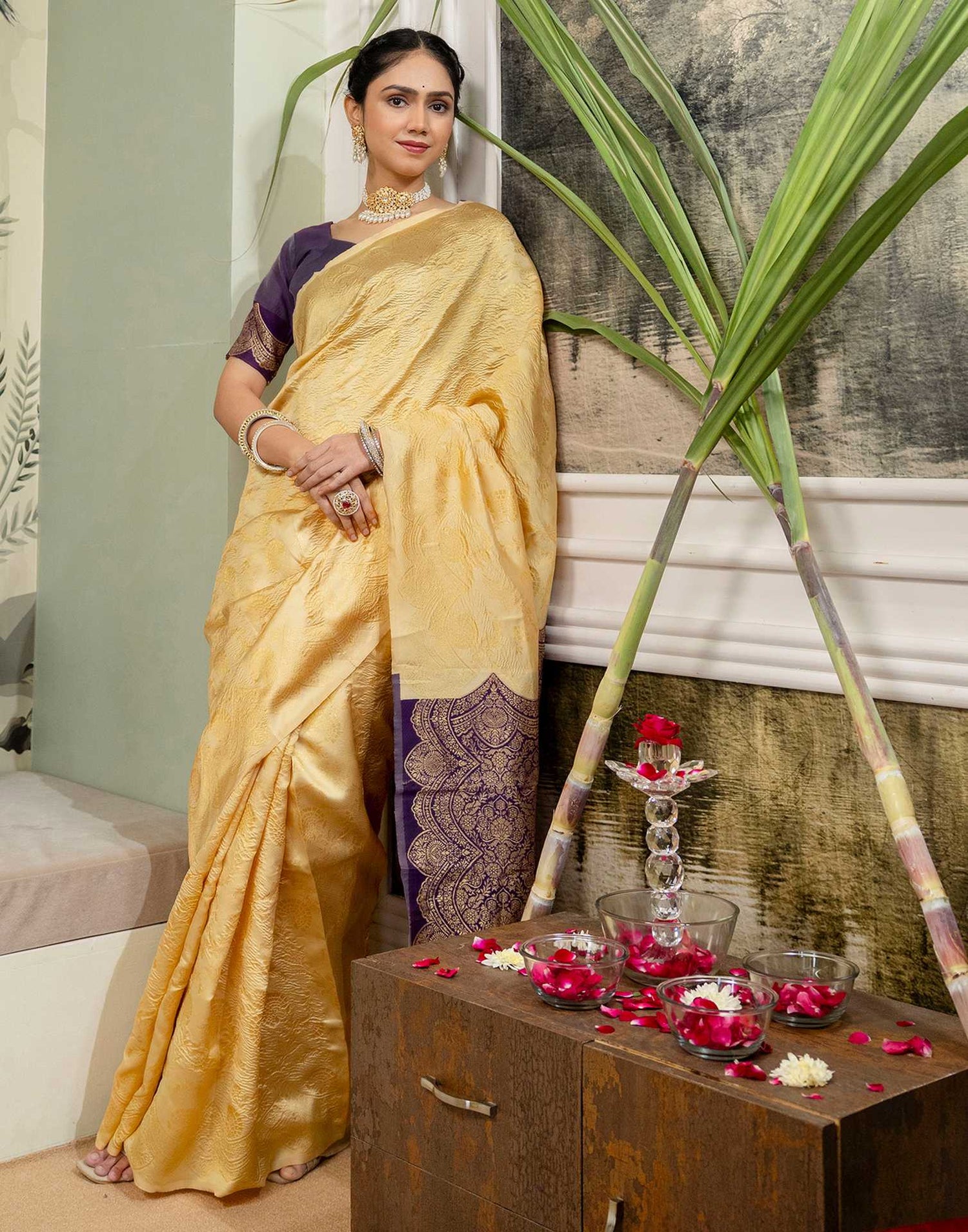 Cream Silk Woven Banarasi Saree