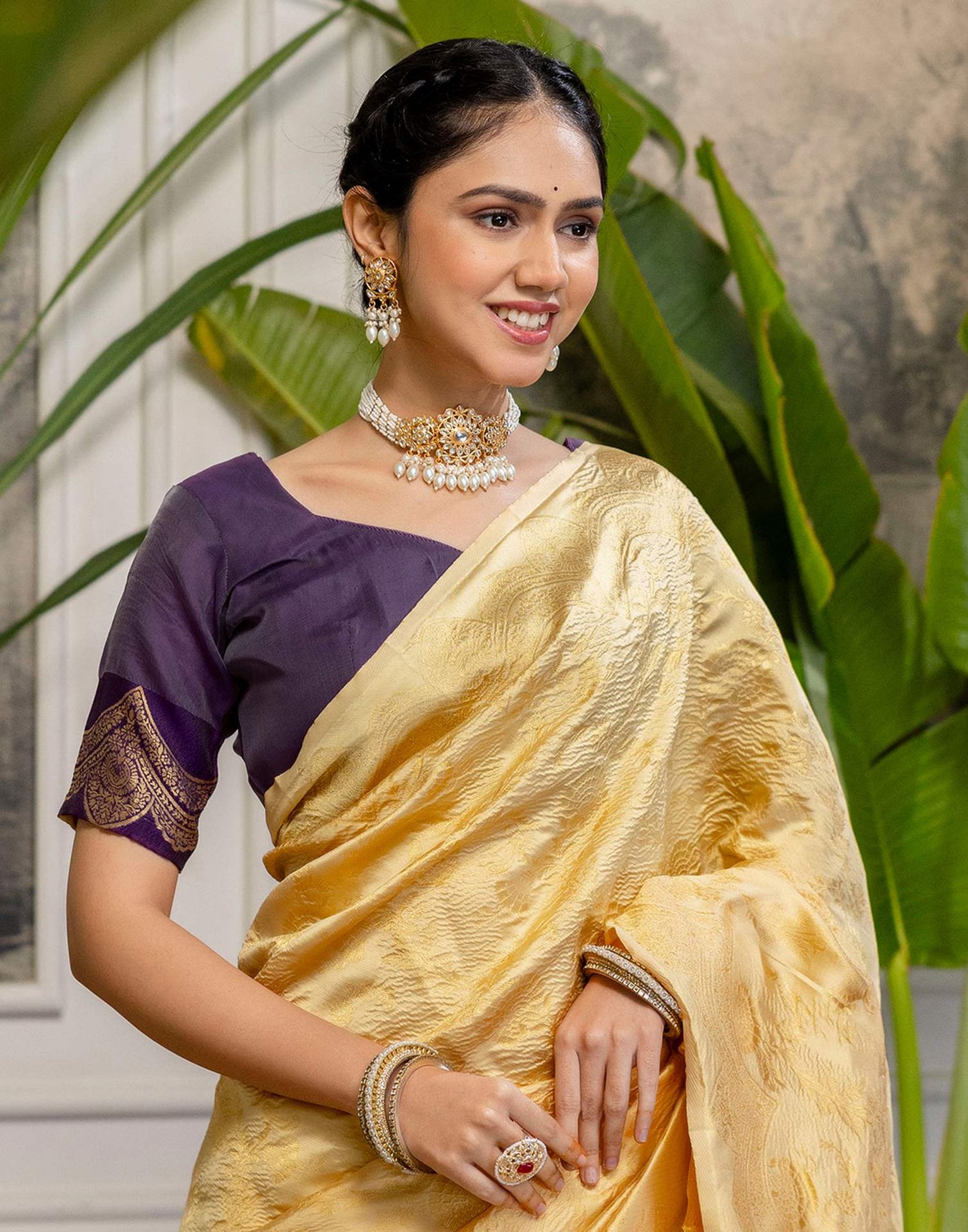 Cream Silk Woven Banarasi Saree