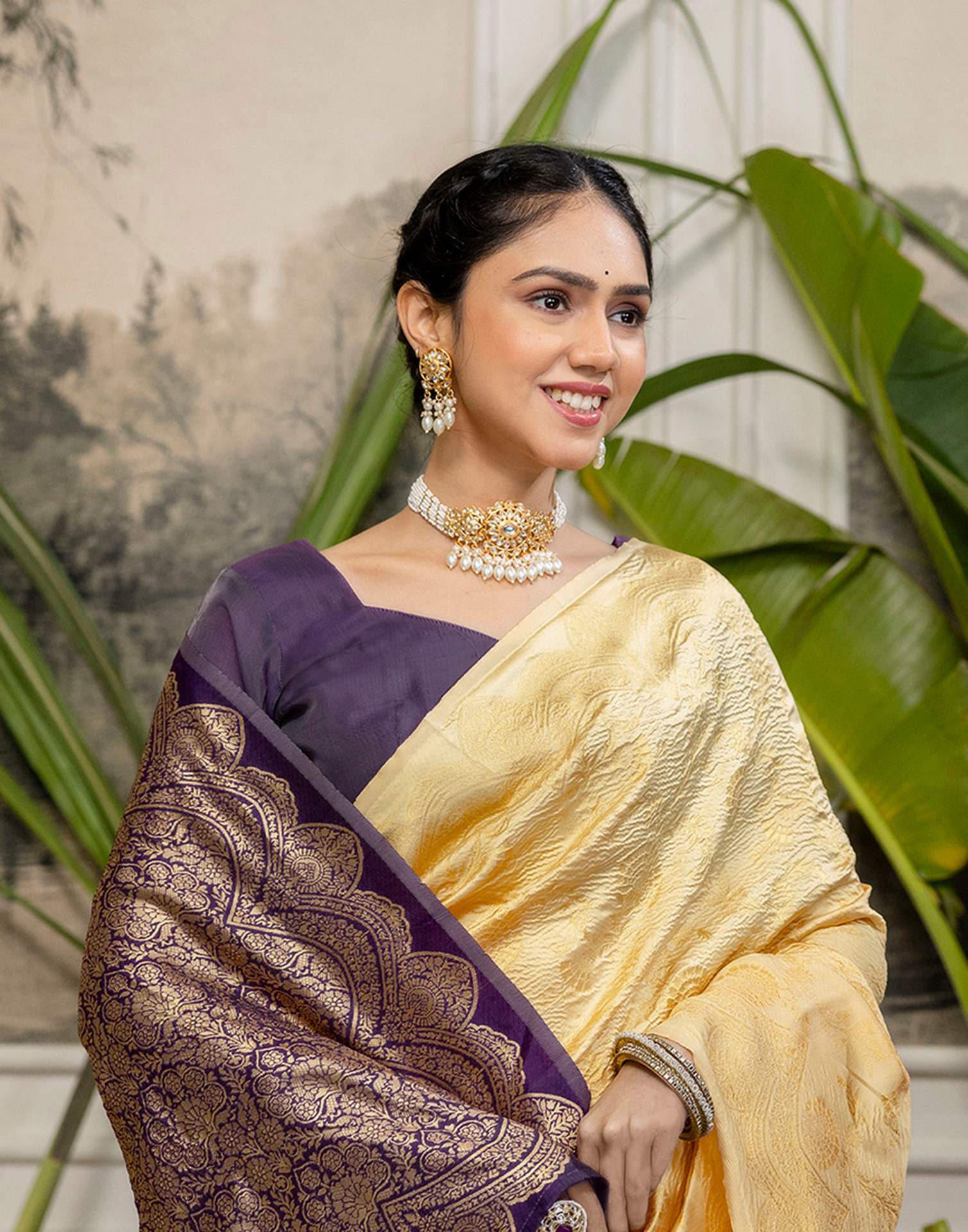 Cream Silk Woven Banarasi Saree