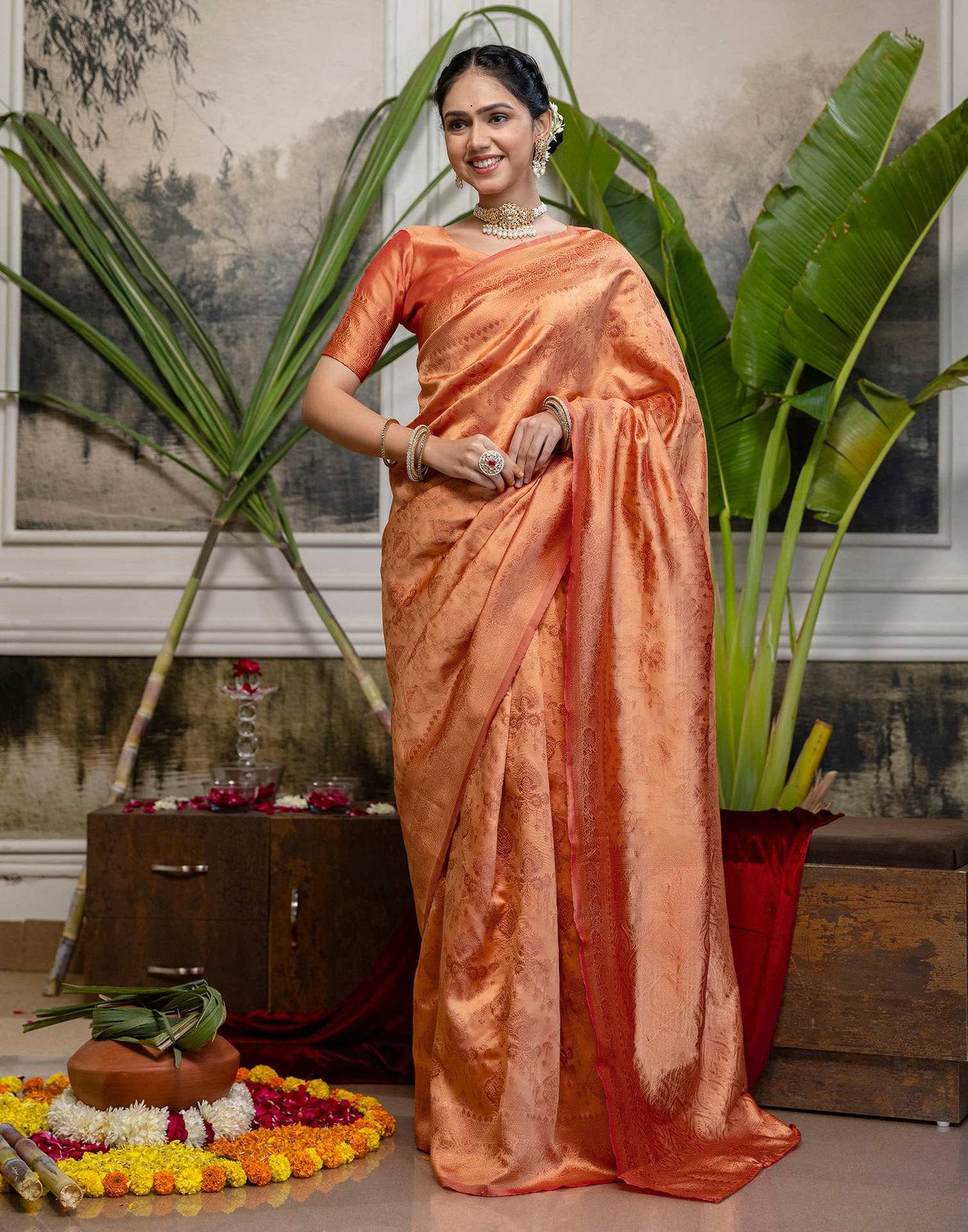 Peach Silk Woven Kanjivaram Saree