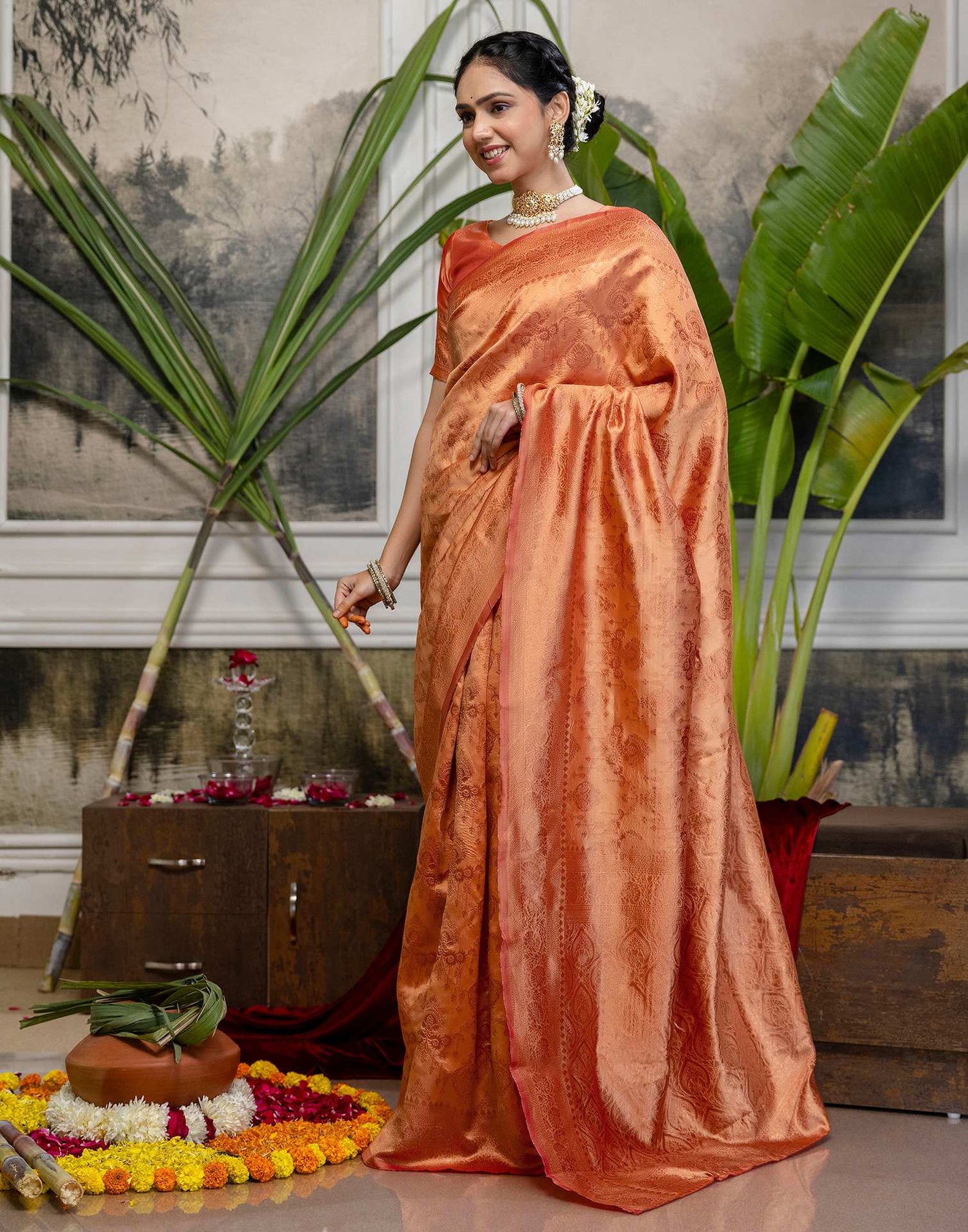 Peach Silk Woven Kanjivaram Saree