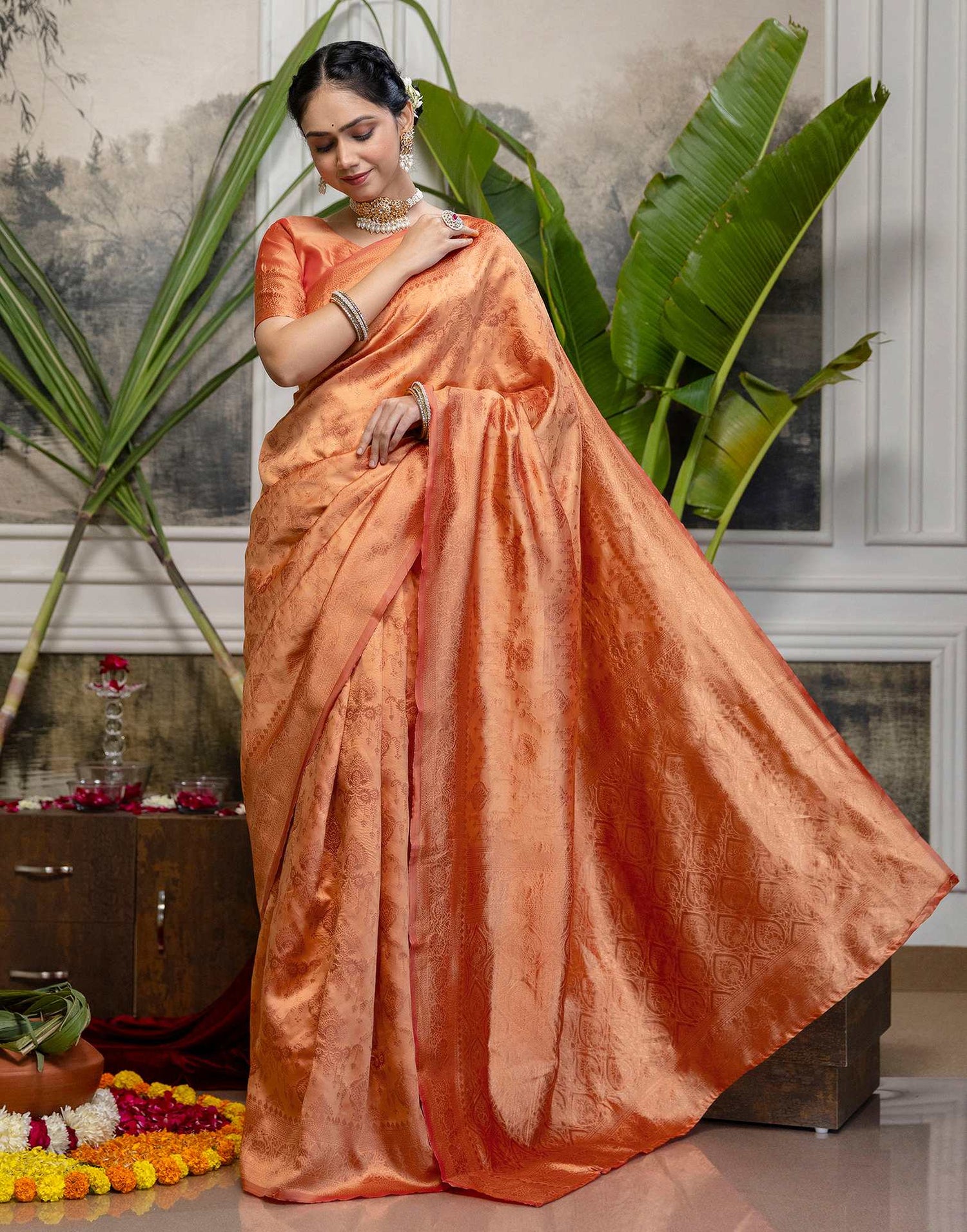 Peach Silk Woven Kanjivaram Saree
