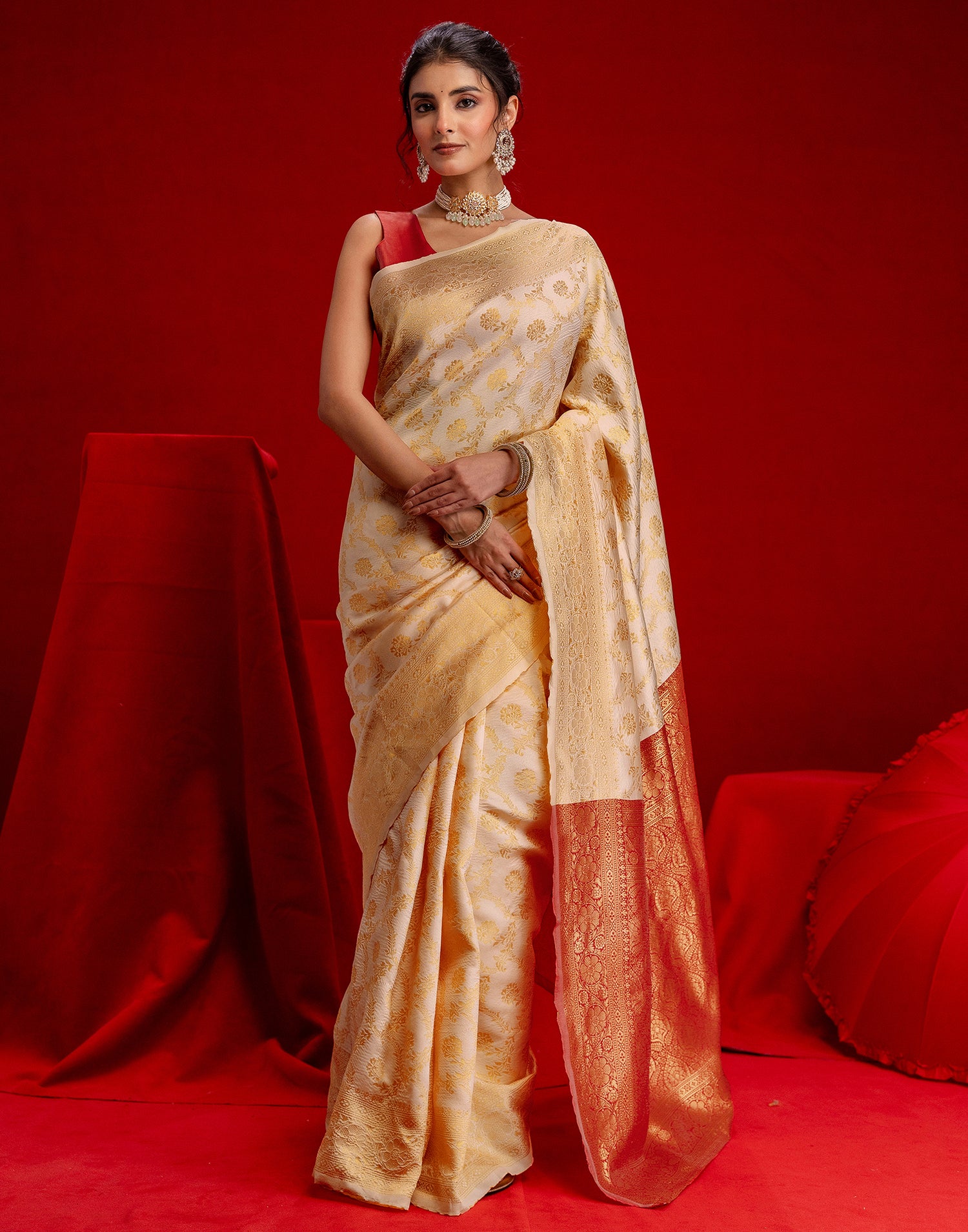 Cream Silk Woven Banarasi Saree