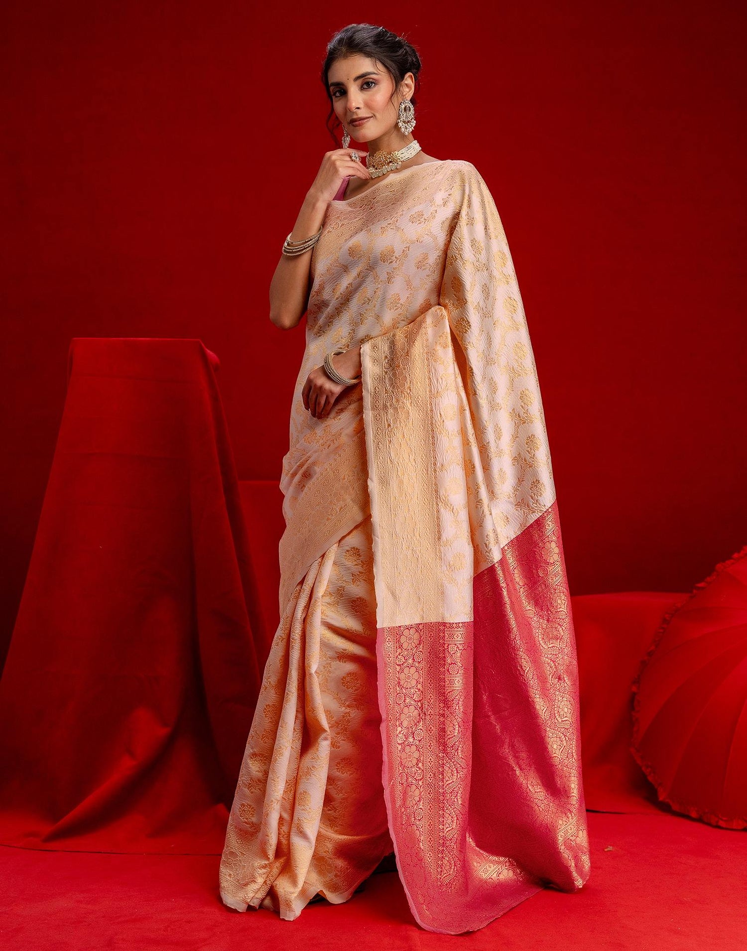 Cream Silk Woven Banarasi Saree