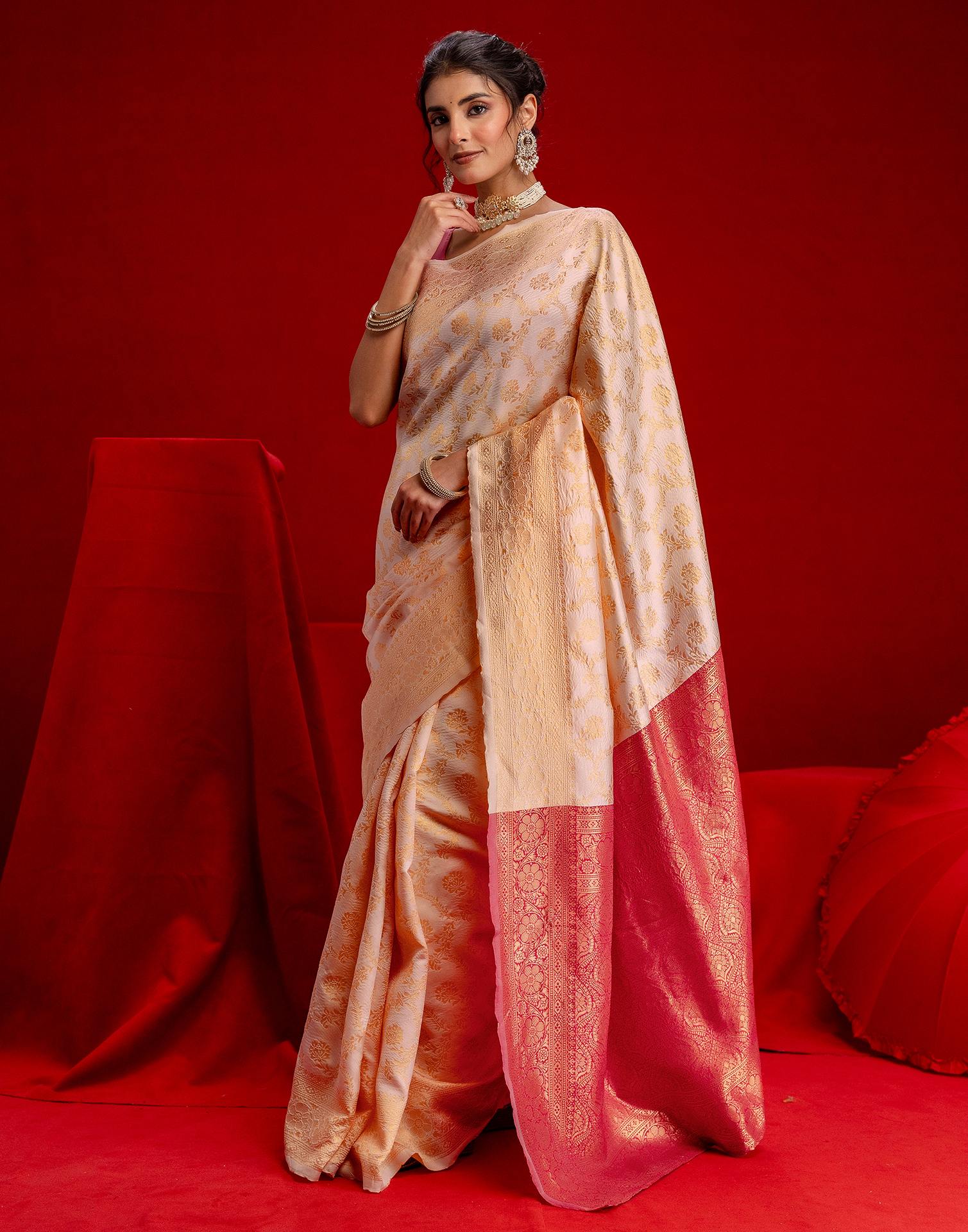 Cream Silk Woven Banarasi Saree