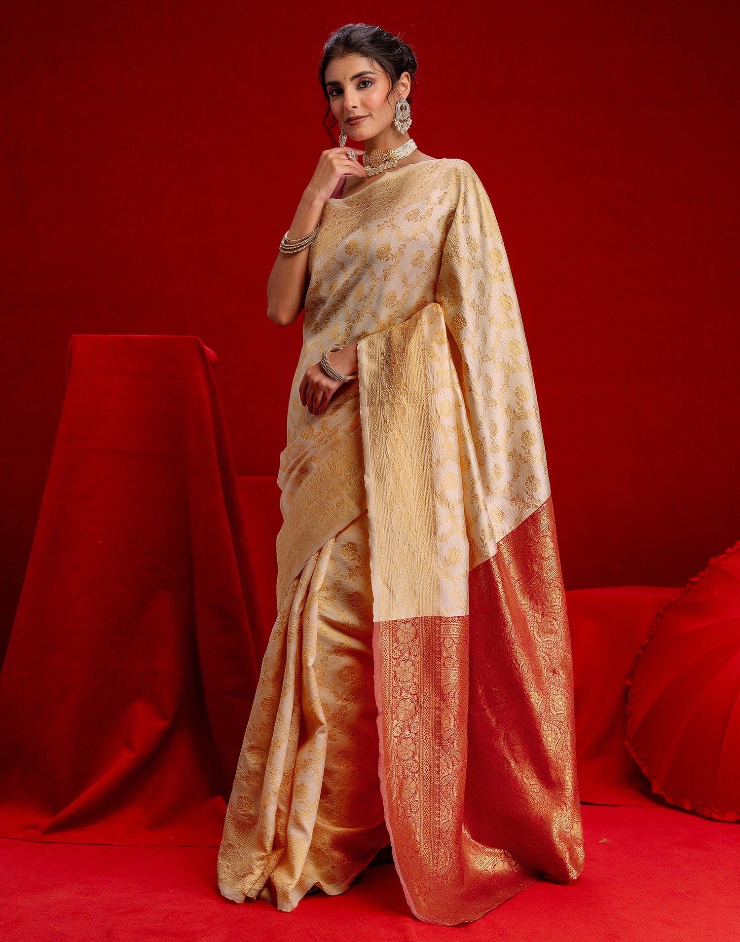 Cream Silk Woven Banarasi Saree