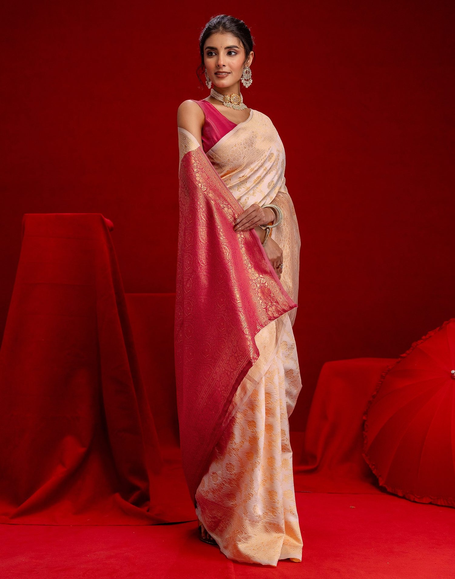 Cream Silk Woven Banarasi Saree