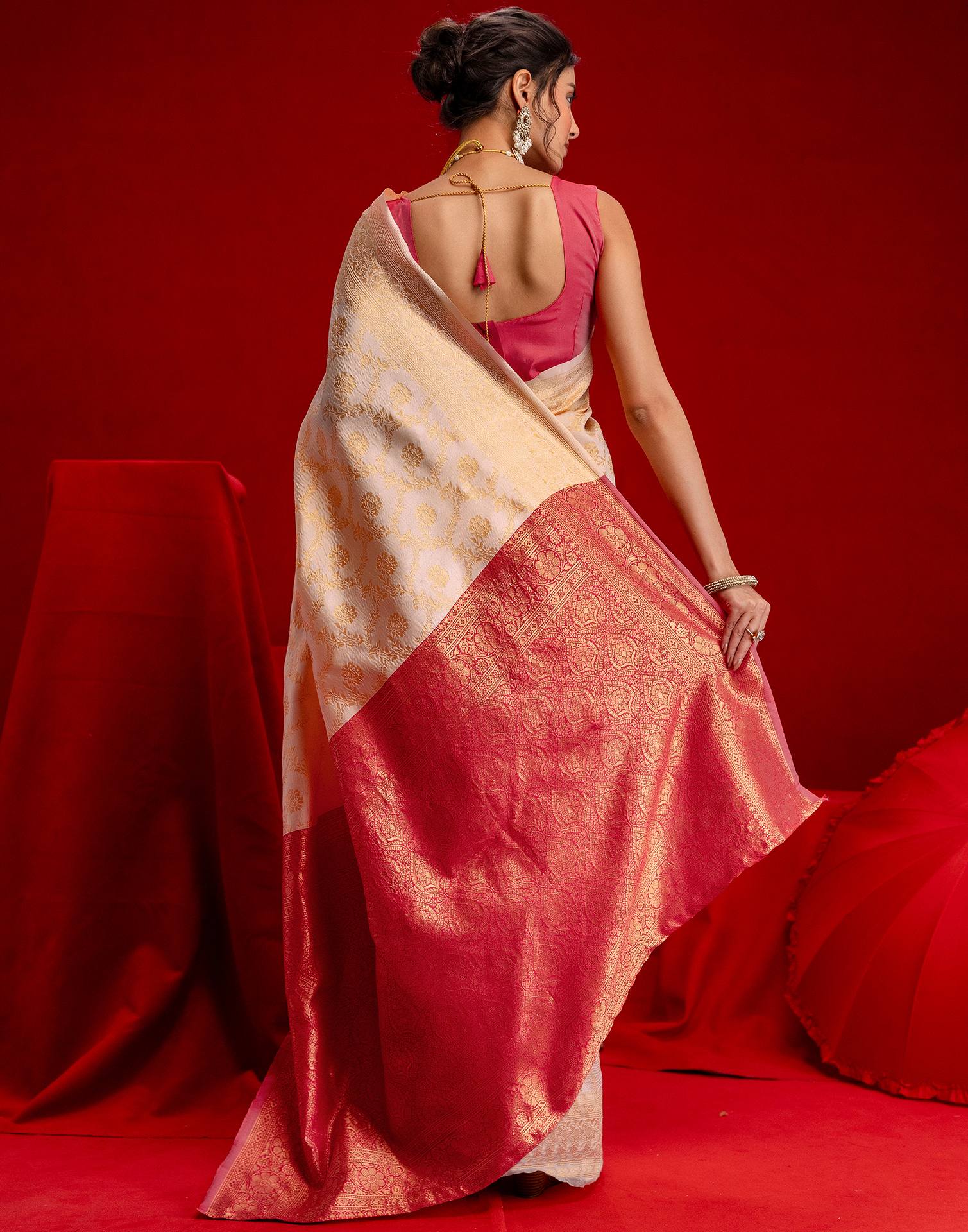 Cream Silk Woven Banarasi Saree