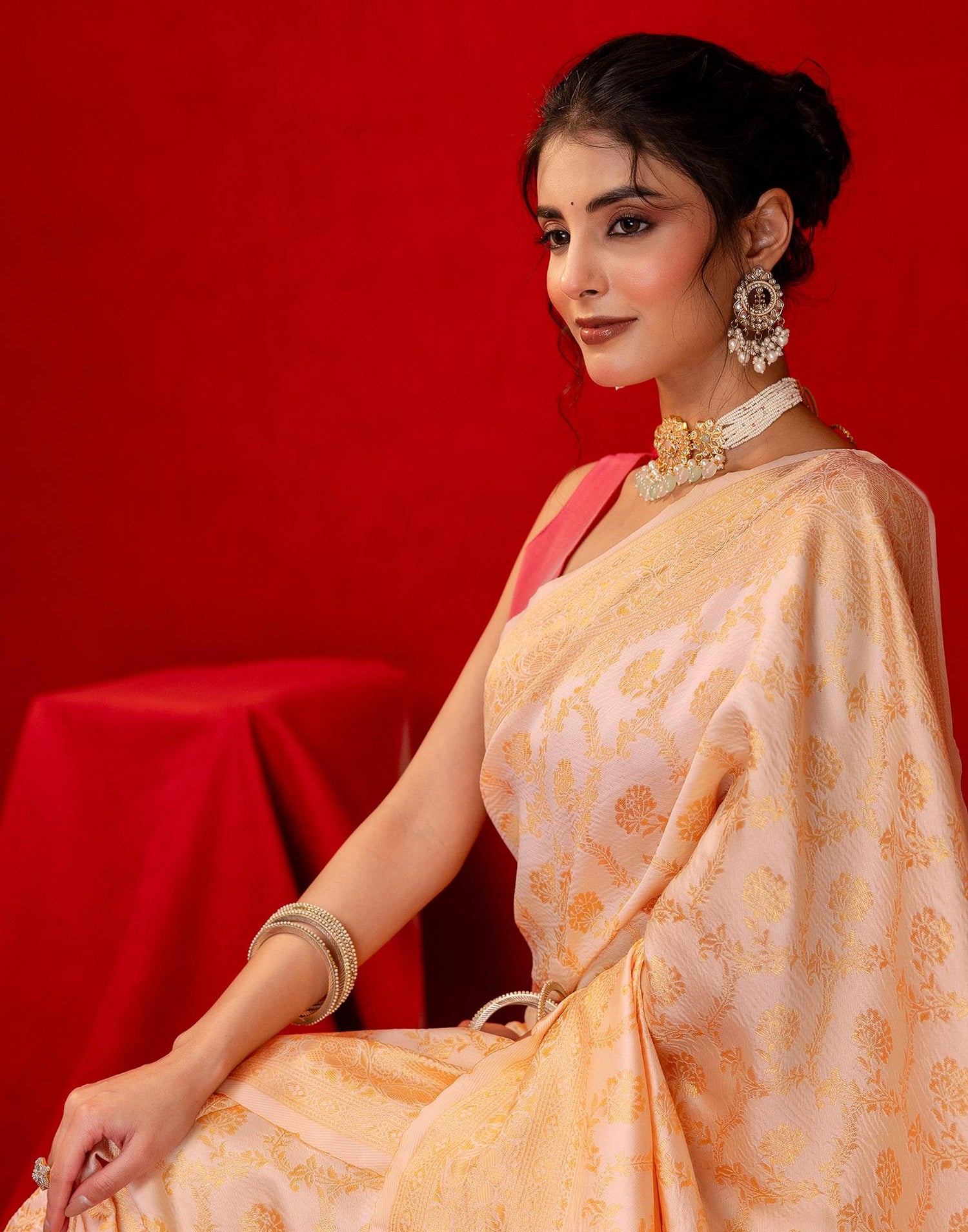 Cream Silk Woven Banarasi Saree