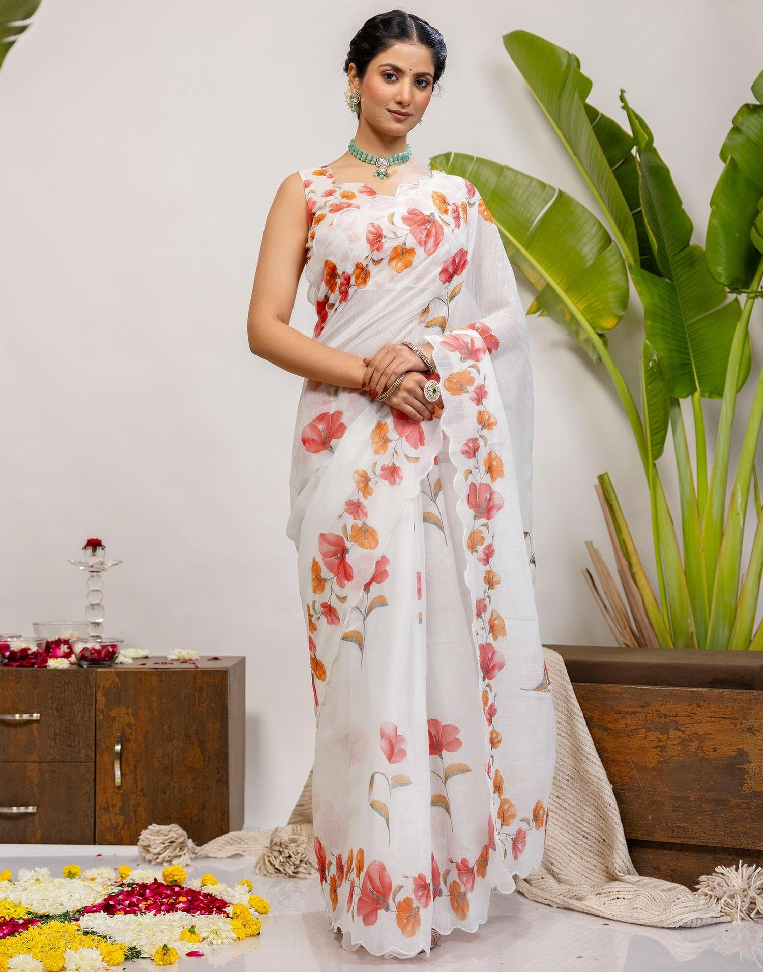 White Cotton Floral Printed Saree