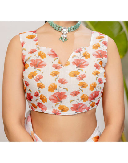 White Cotton Floral Printed Saree