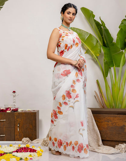 White Cotton Floral Printed Saree
