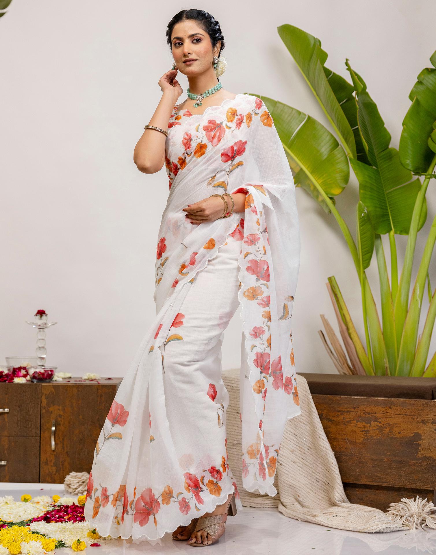 White Cotton Floral Printed Saree