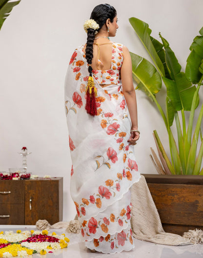 White Cotton Floral Printed Saree